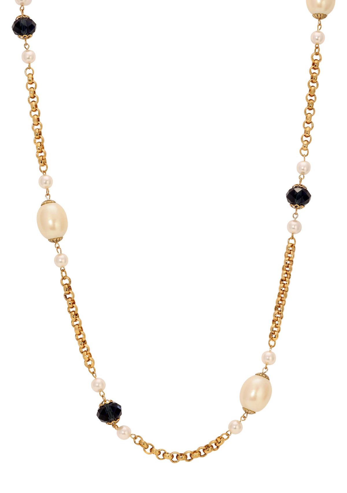 Blue Glass Faux Pearl Long Necklace 43"