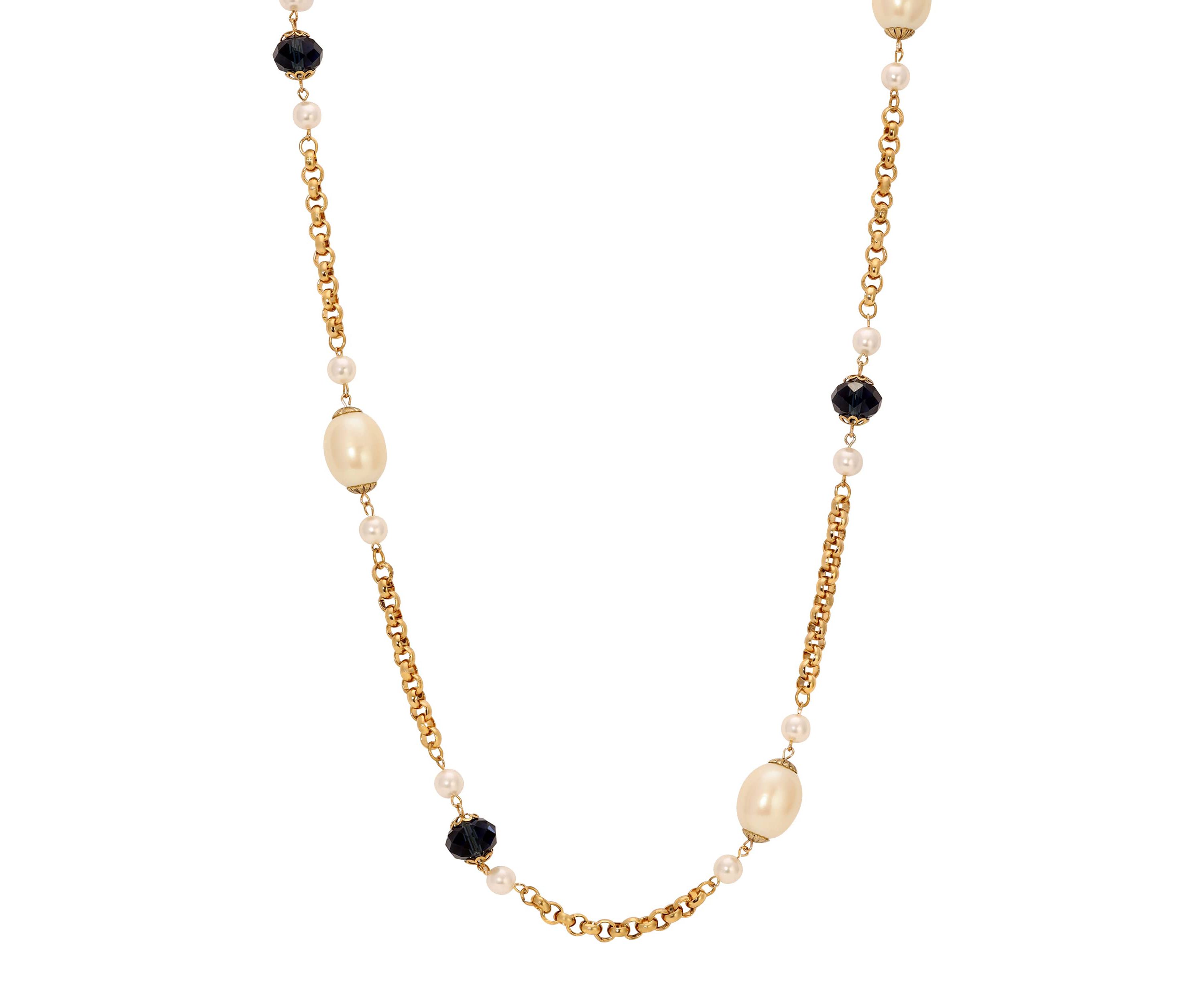 Blue Glass Faux Pearl Long Necklace 43"
