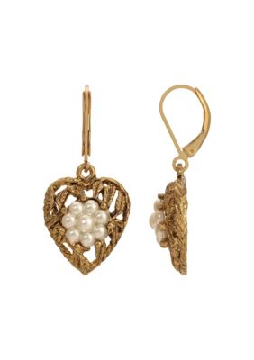 1928 Jewelry 14K Gold Dipped Heart Fx Pearl Earrings, White