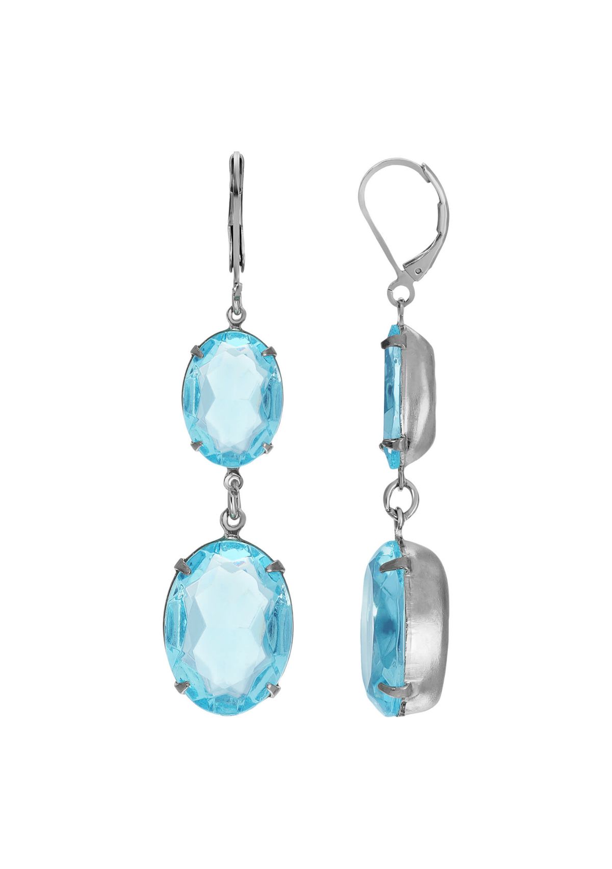 Silver Tone Aqua Oval Stone Earrings
