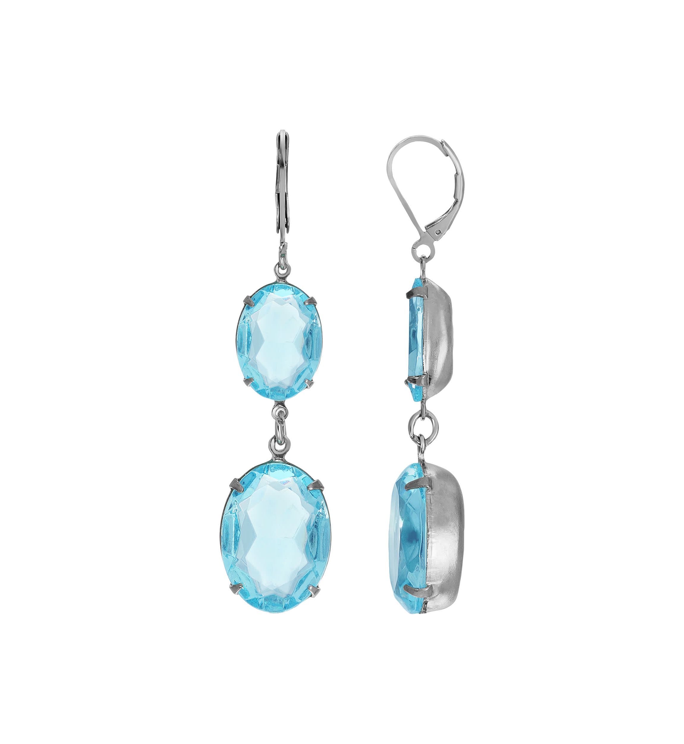 Silver Tone Aqua Oval Stone Earrings