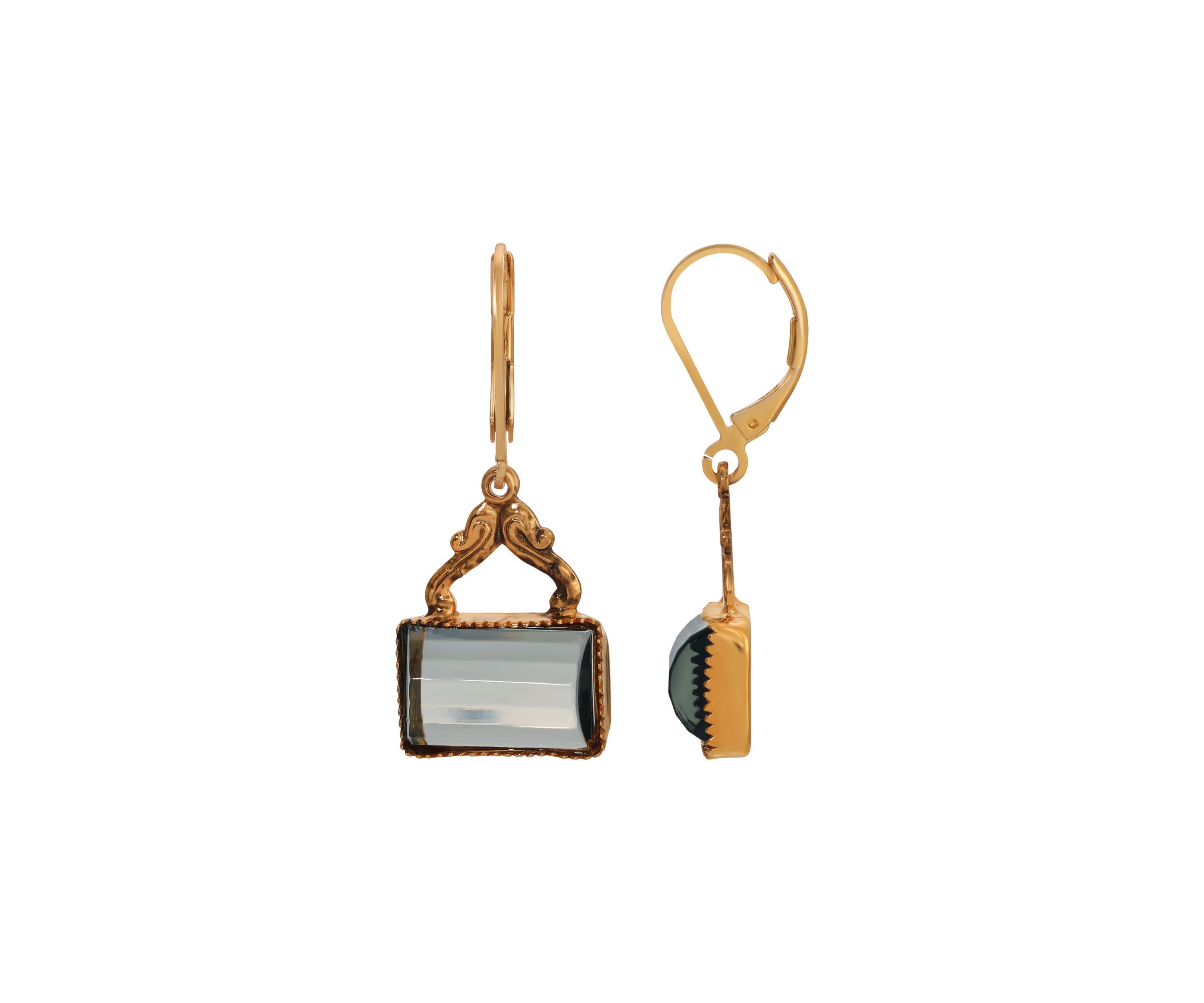 Gold Tone Rectangle Glass Stone Earrings