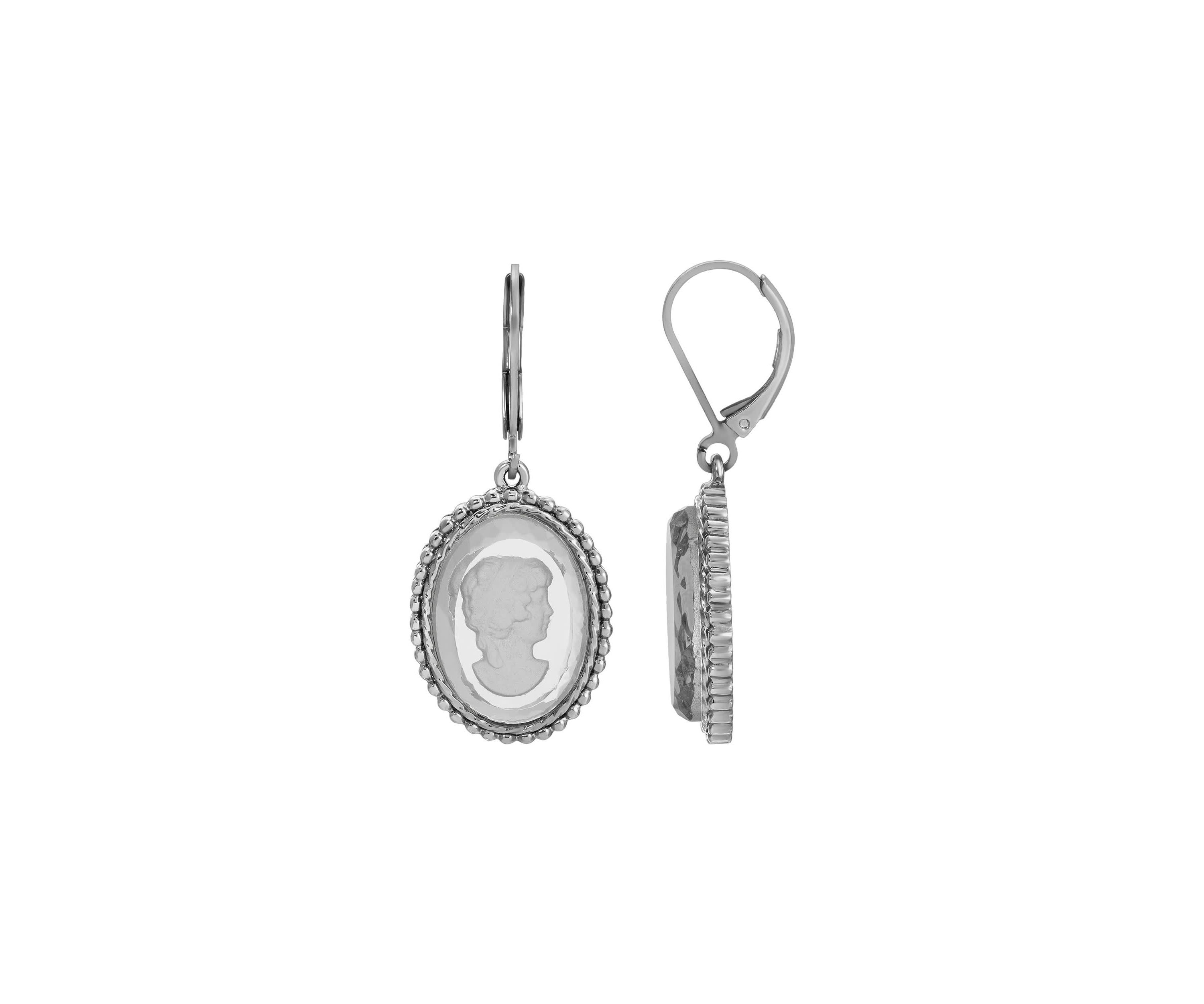 Silver Tone Oval Glass Intaglio Earrings