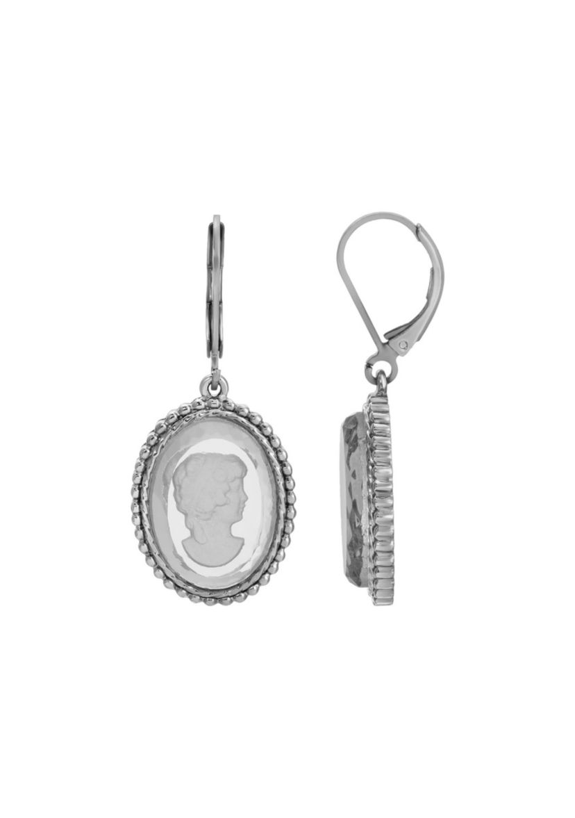 Silver Tone Oval Glass Intaglio Earrings