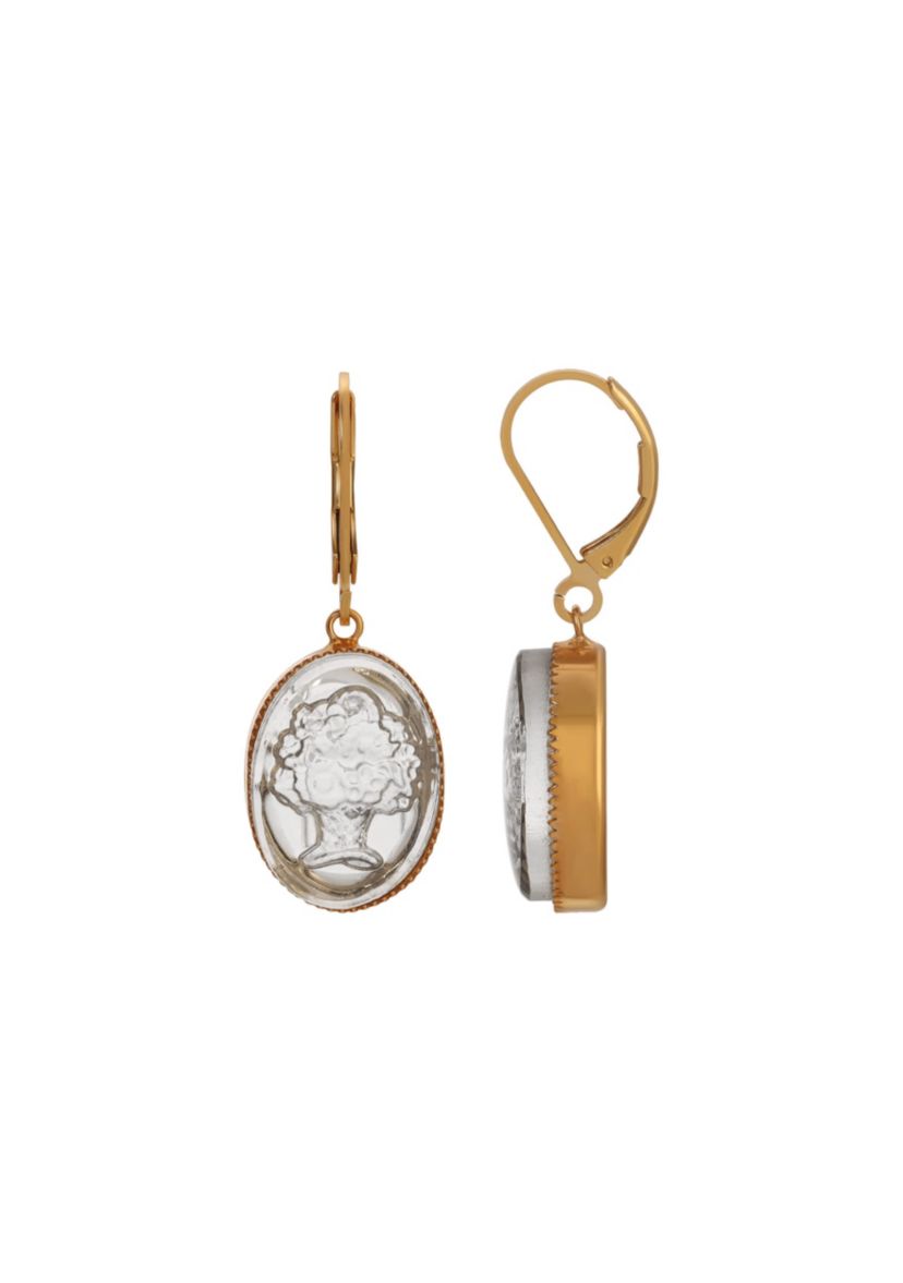 Gold Tone Oval Flower Stone Earrings