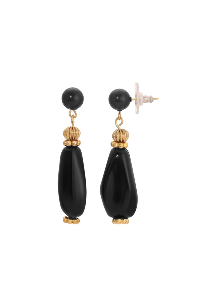 Gold Tone Black Bead Drop Earrings