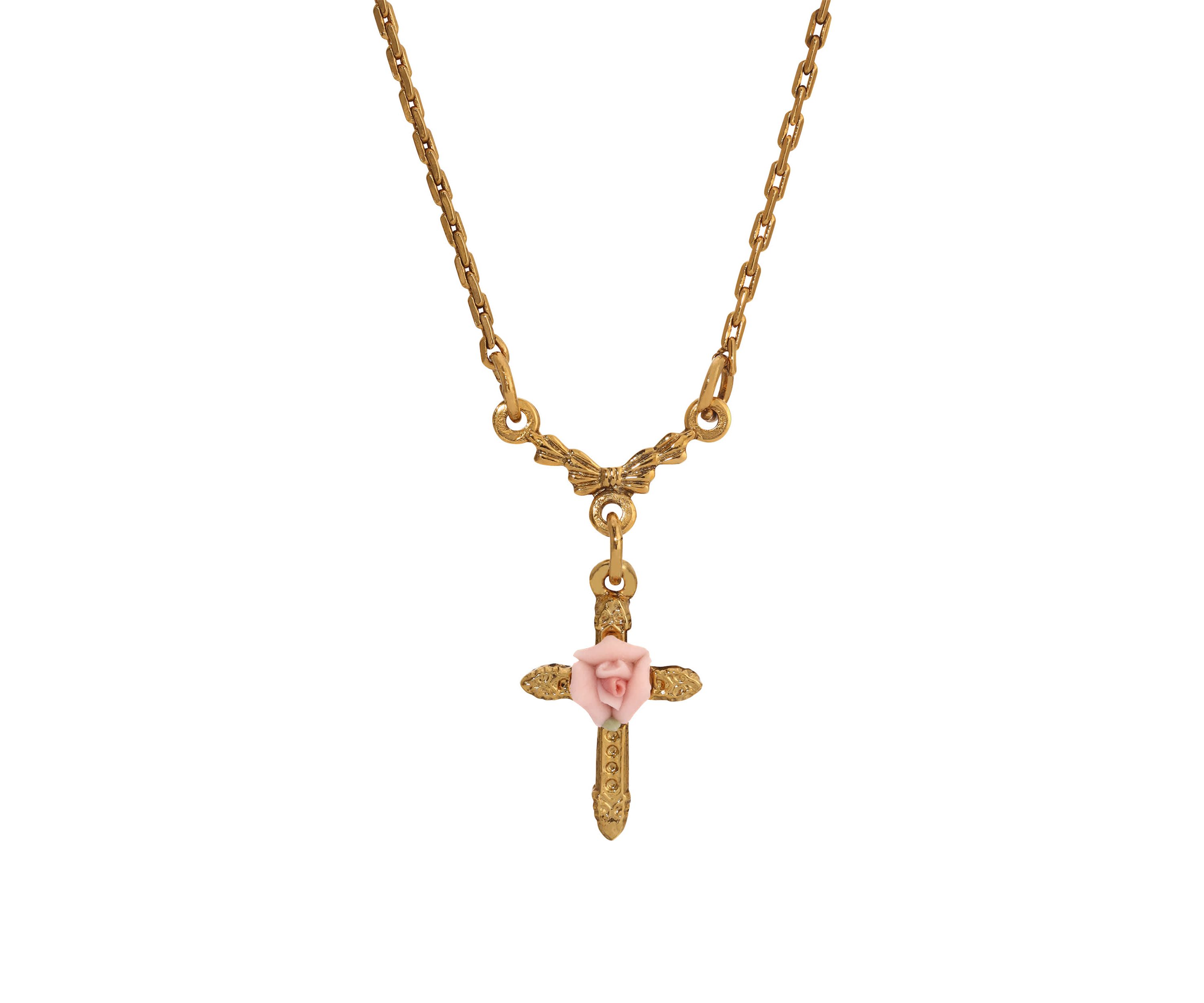 Gold Tone Cross Pink Rose Necklace 16" A