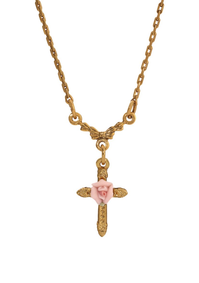 Gold Tone Cross Pink Rose Necklace 16" A