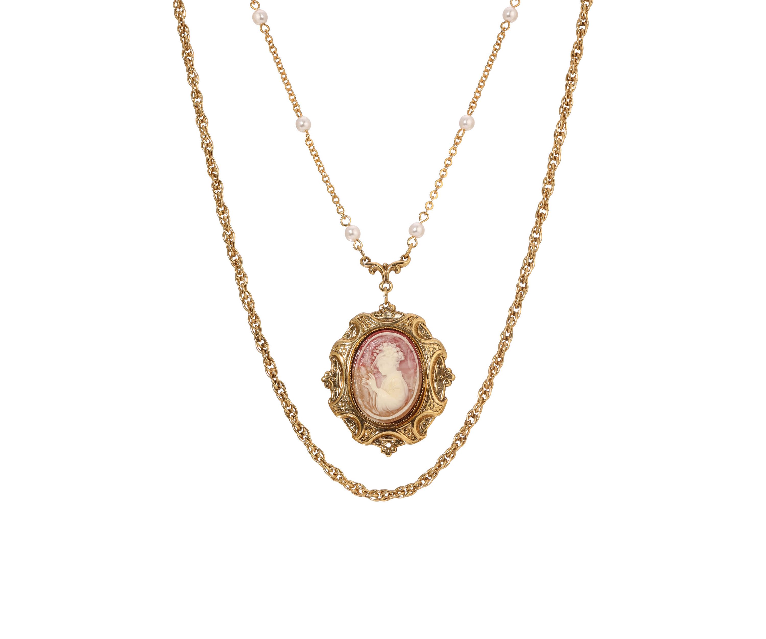 Gold Tone Oval Cameo Dbl Chain Necklace
