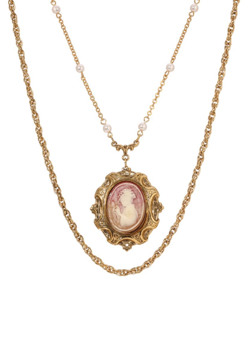 Gold Tone Oval Cameo Dbl Chain Necklace