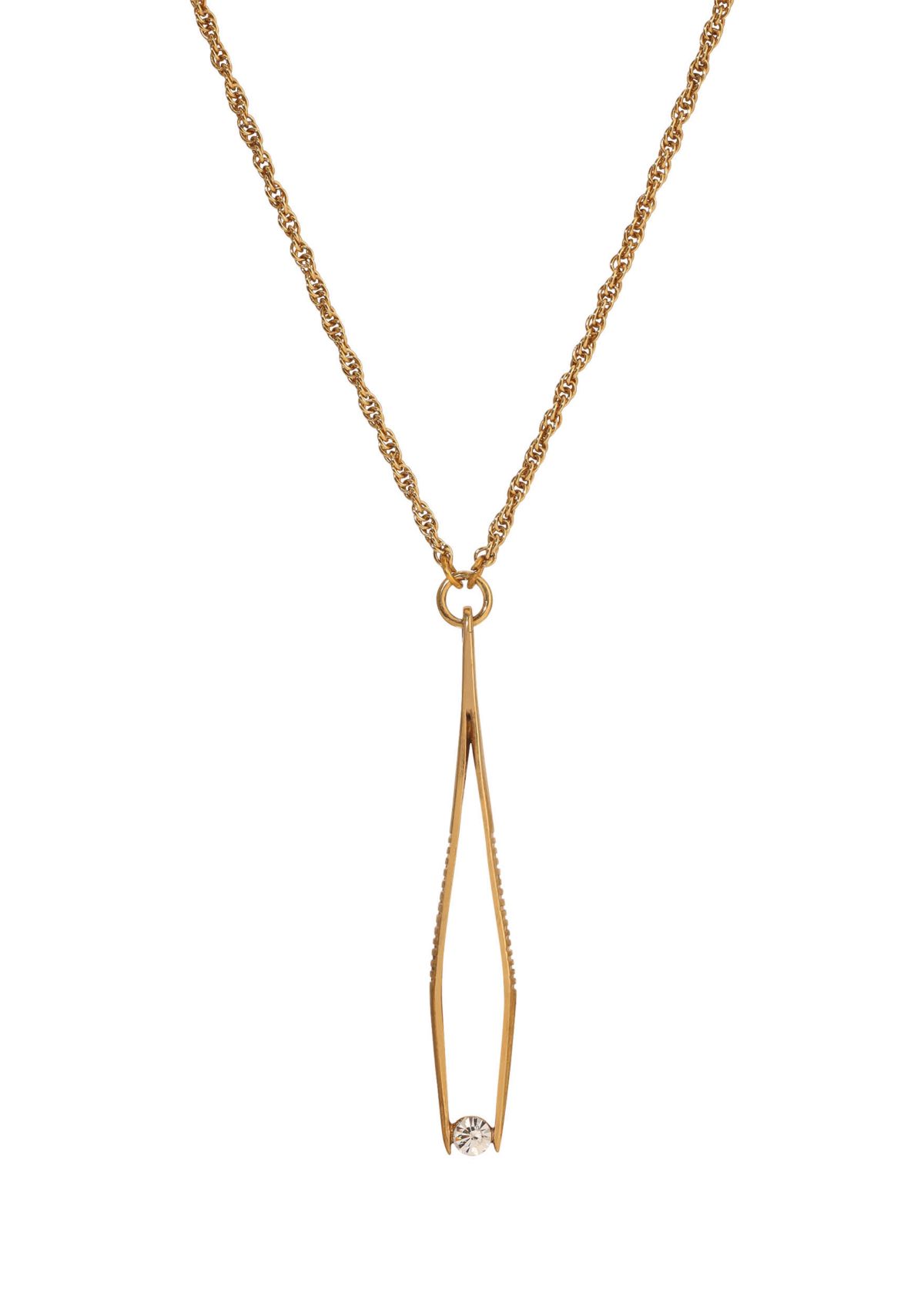 Gold Tone Tweezer Crystal Necklace  24"
