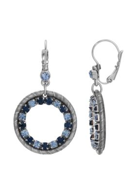 Pewter Silver Tone Blue Crystals Circle Drop Leverback Earrings