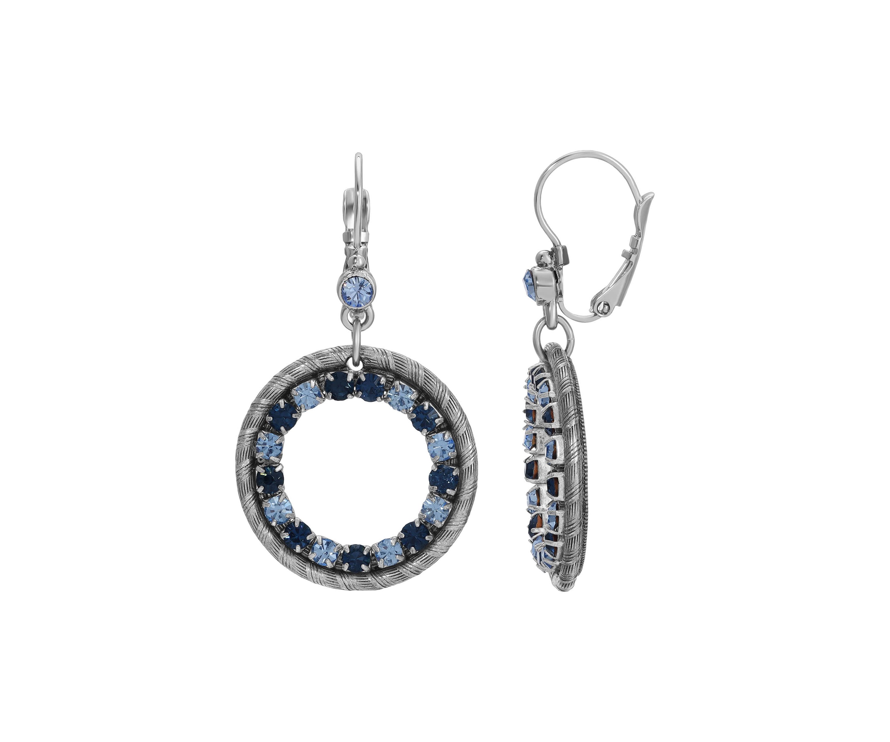 Pewter Silver Tone Blue Crystals Circle Drop Leverback Earrings