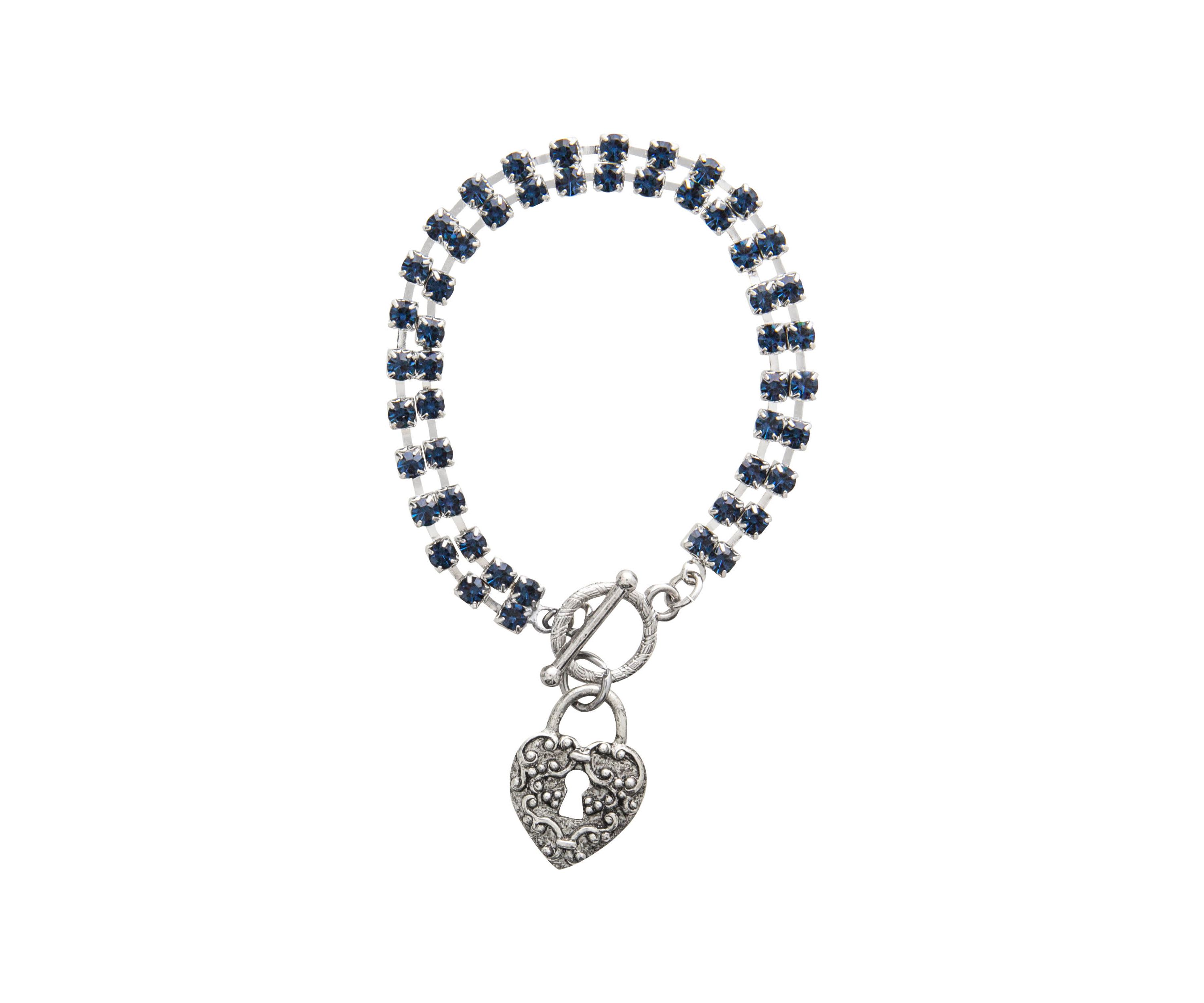 Pewter/Silver Tone Toggle Bracelet With Blue Crystals And Heart Charm