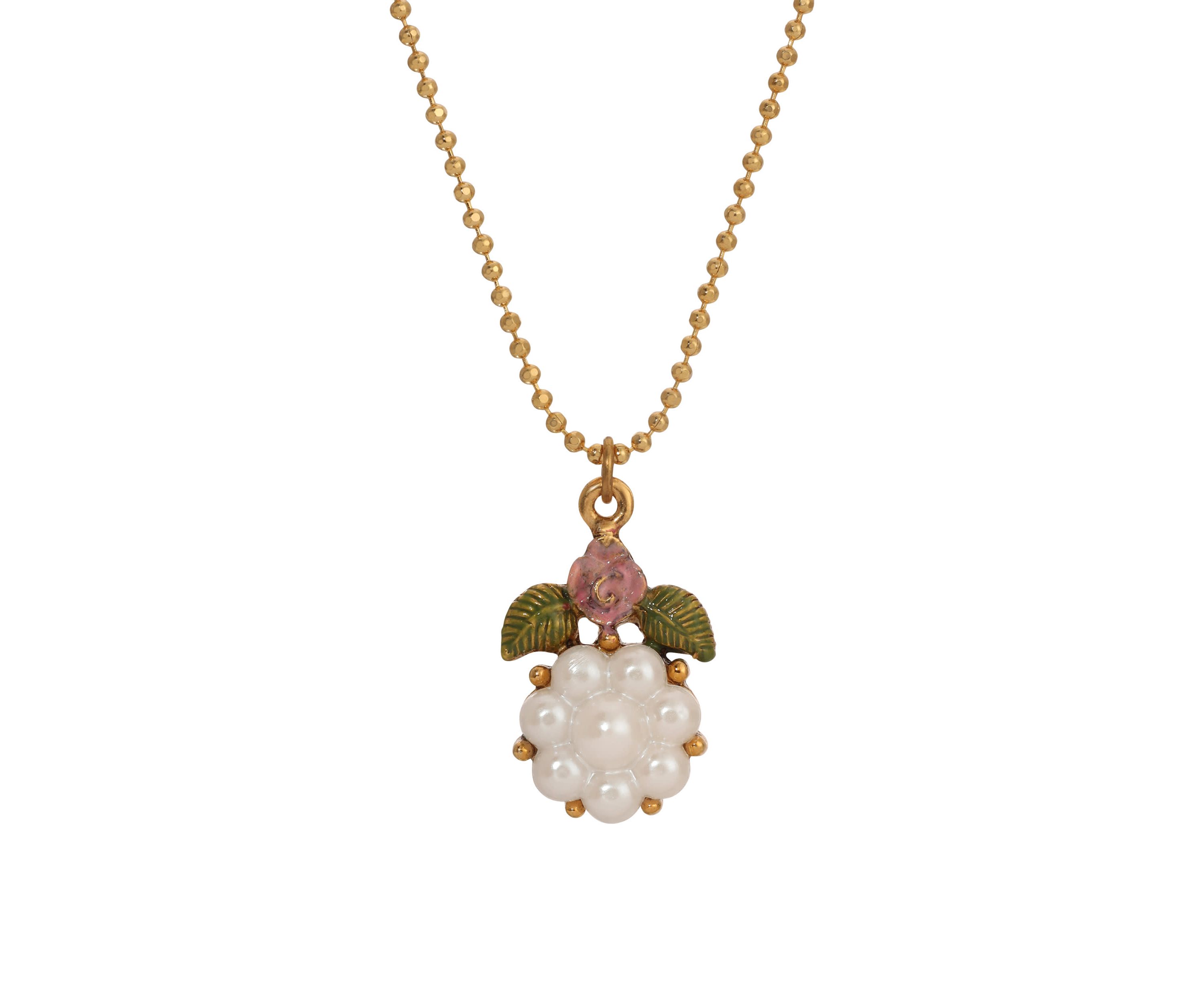 Gold Tone Faux Pearl Bead Flower Necklace 16"