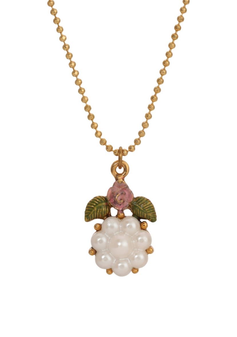 Gold Tone Faux Pearl Bead Flower Necklace 16"