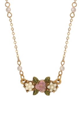 1928 Jewelry Gold Tone Faux Pearl Pink Flower Necklace 16" Adj