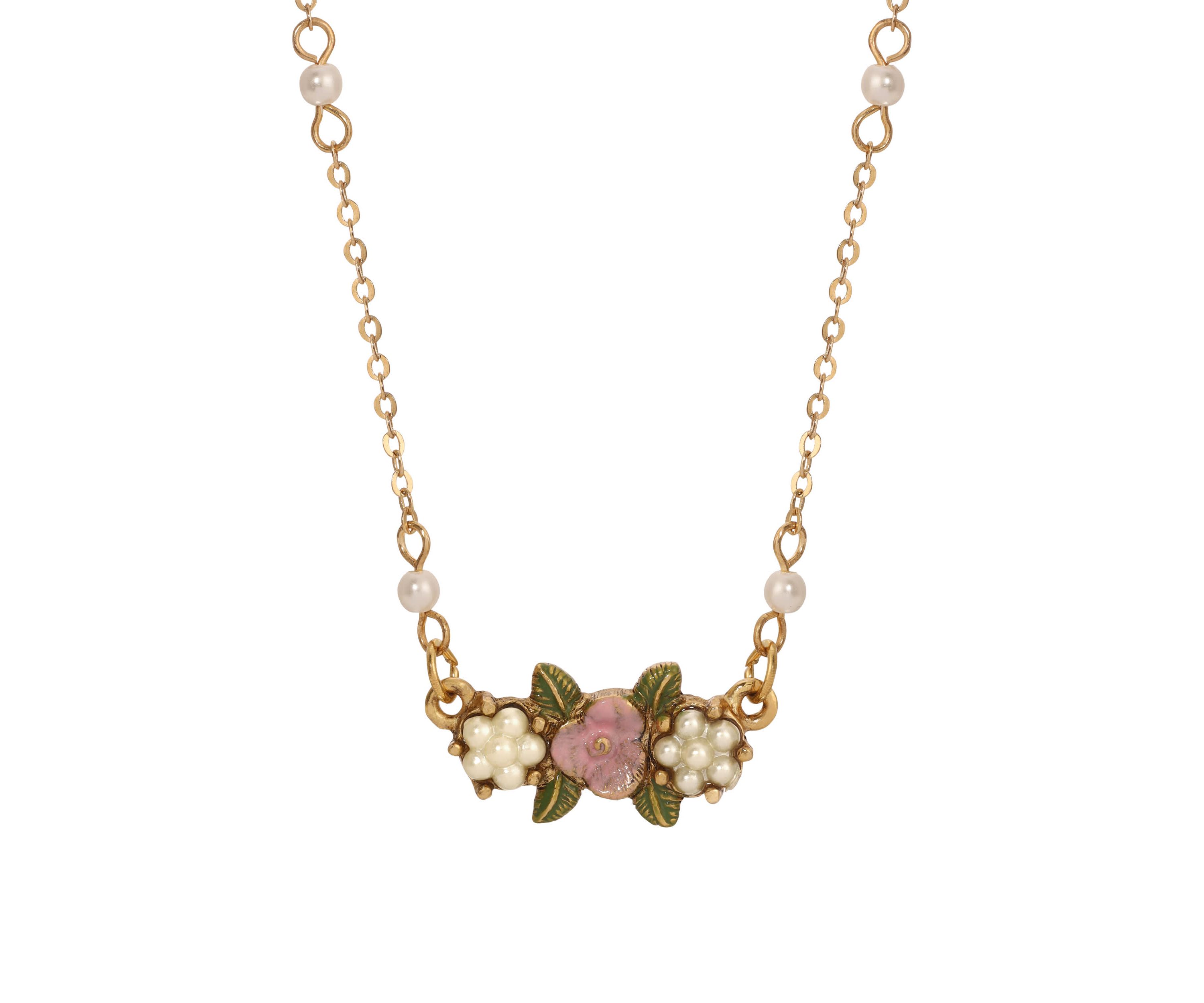 Gold Tone Faux Pearl Pink Flower Necklace 16" Adj.