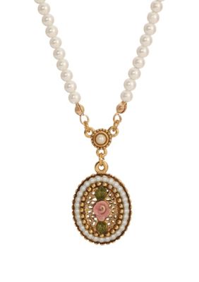 Gold Tone Faux Pearl Rose Filigree Oval Charm Necklace 14" Adj.