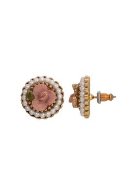 Gold Tone Faux Pearl Pink Flower Round Stud Earrings
