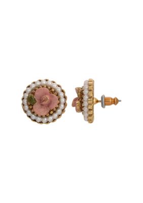 1928 Jewelry Gold Tone Faux Pearl Pink Flower Round Stud Earrings