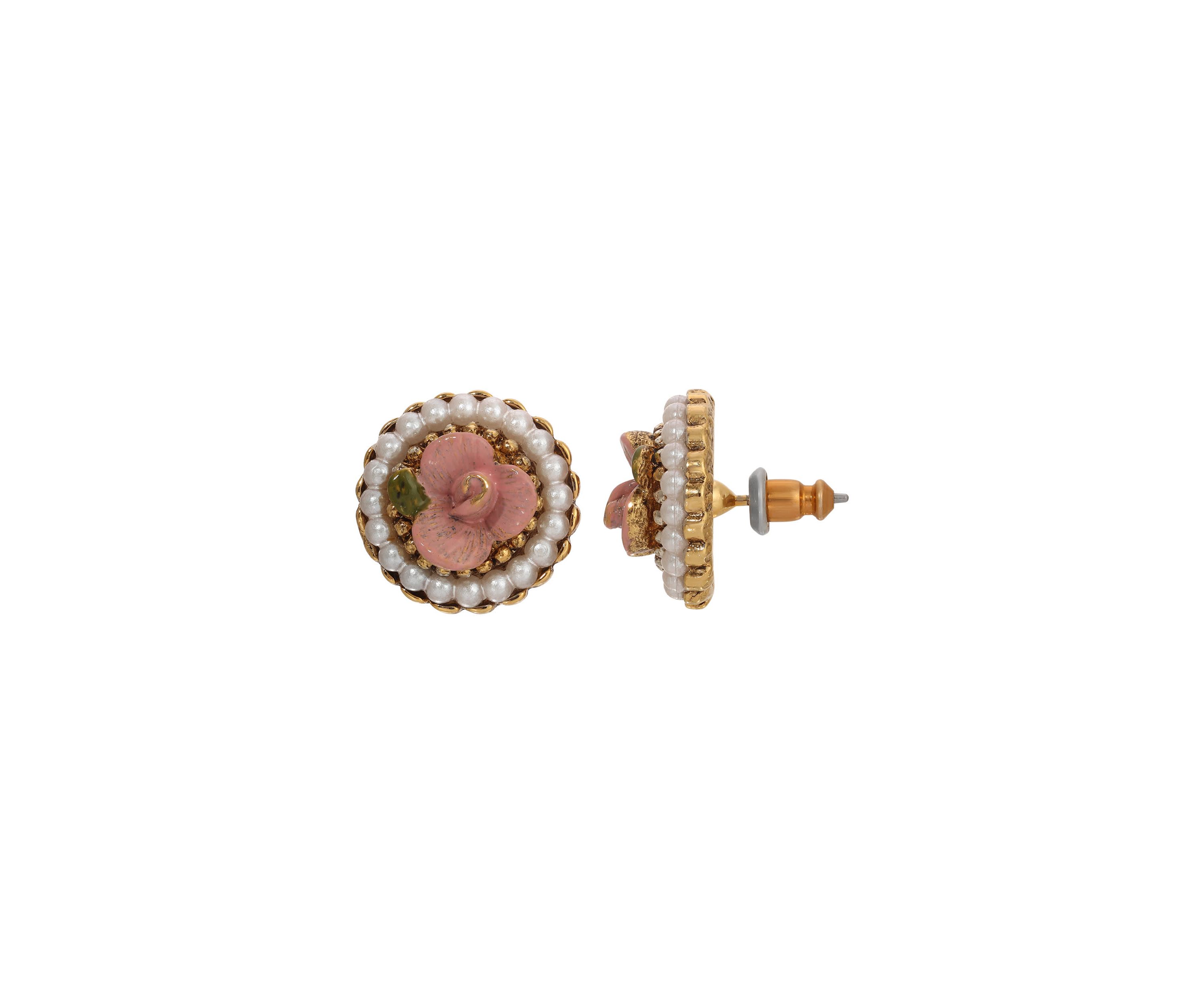 Gold Tone Faux Pearl Pink Flower Round Stud Earrings