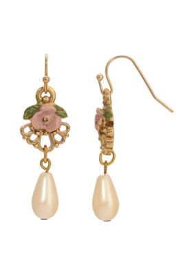 1928 Jewelry Gold Tone Pink Flower Filigree Faux Pearl Drop Wire Earrings