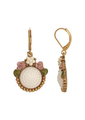 Gold Tone Faux Pearl Pink Flower Round Leverback Earrings