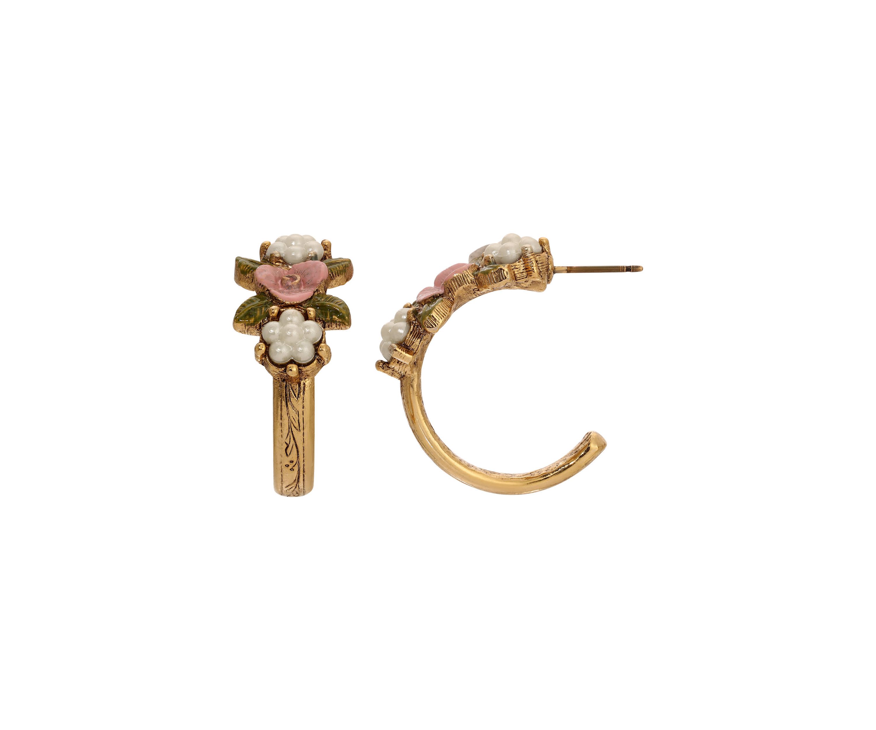 Gold Tone Faux Pearl Pink Flower Half Hoop Stud Earrings