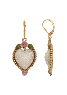 1928 Jewelry Gold Tone Faux Pearl Pink Flower Heart Leverback Earrings