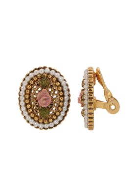 Gold Tone Faux Pearl Pink Flower Oval Clip Earrings