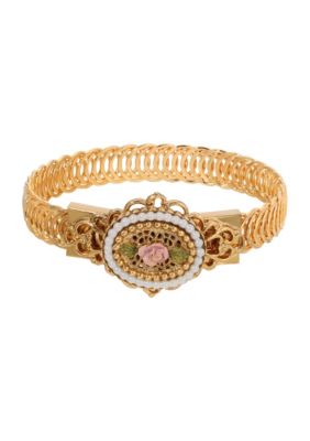 Gold Tone Faux Pearl Rose Filigree Oval Charm Bracelet