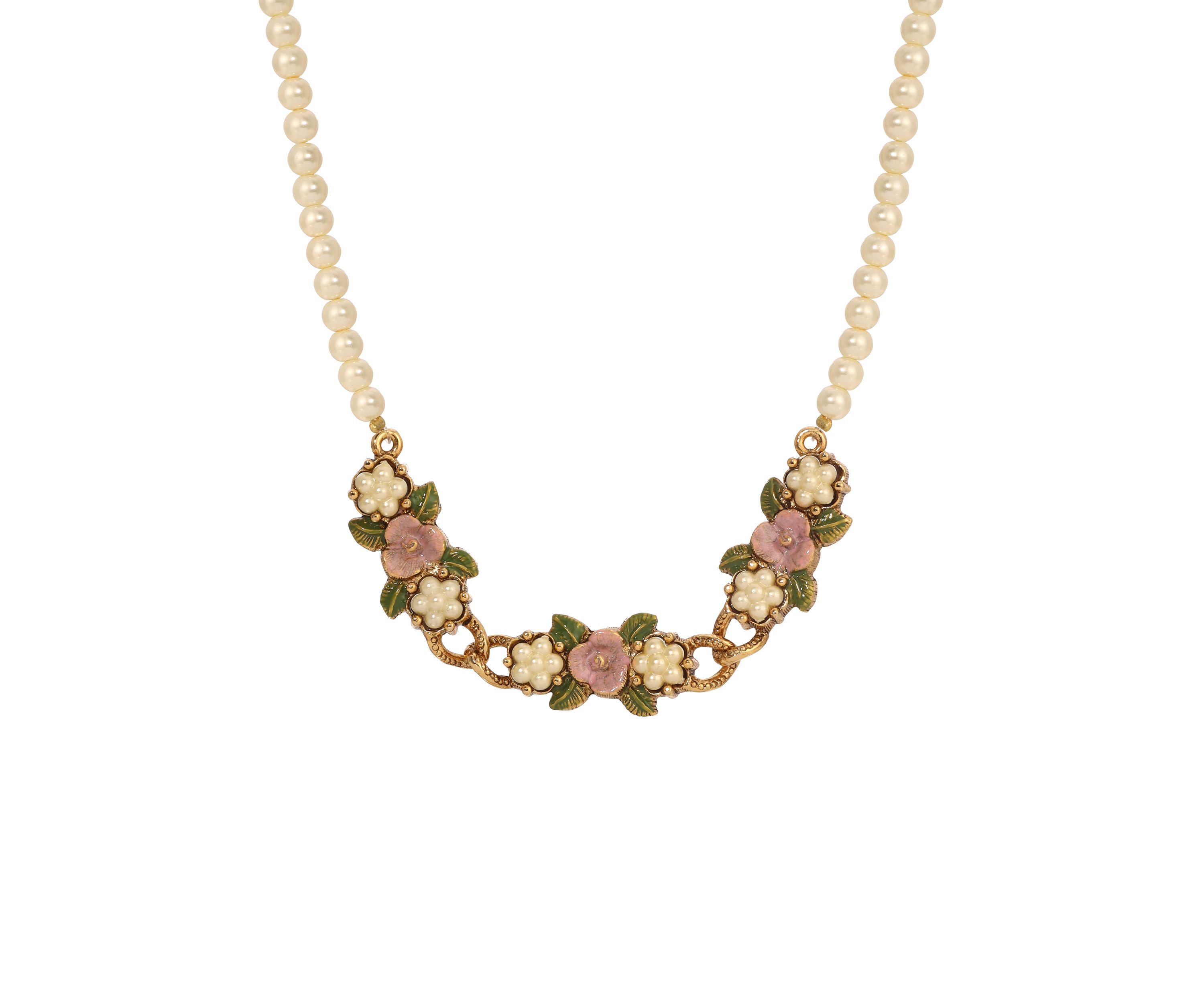 Gold Tone Faux Pearl Pink Flw Necklace