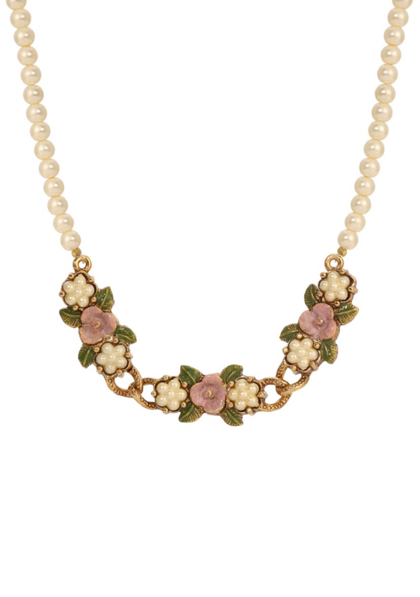 Gold Tone Faux Pearl Pink Flw Necklace