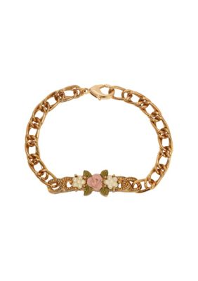 Gold Tone Faux Pearl Pink Flower Lobster Clasp Bracelet