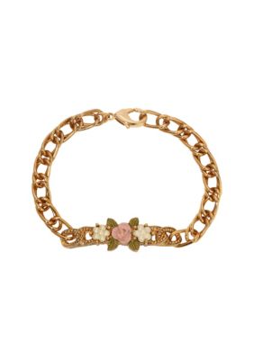 1928 Jewelry Gold Tone Faux Pearl Pink Flower Lobster Clasp Bracelet