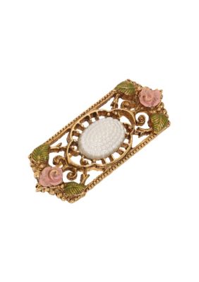 1928 Jewelry Gold Tone Faux Pearl Pink Flower Rectangle Brooch