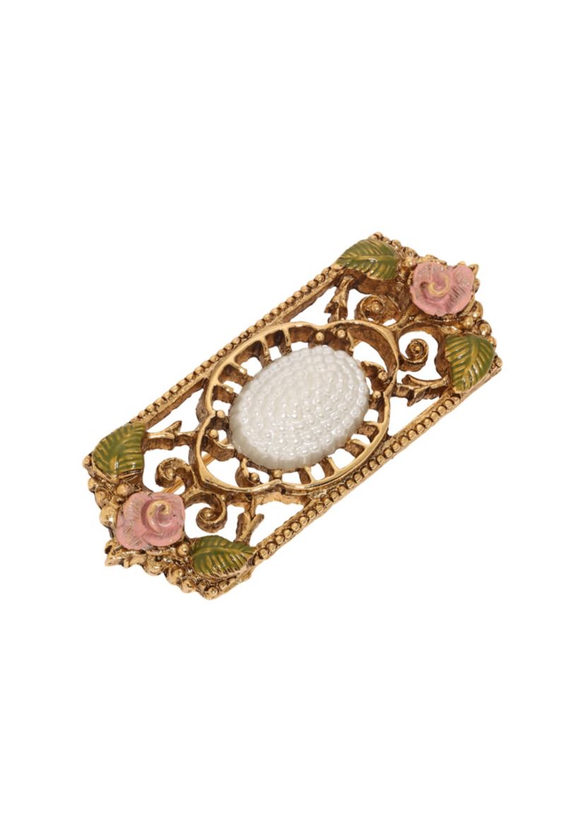 Gold Tone Faux Pearl Pink Flower Rectangle Brooch