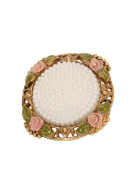 Gold Tone Faux Pearl & Pink Flower Round Brooch