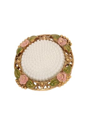 1928 Jewelry Gold Tone Faux Pearl & Pink Flower Round Brooch