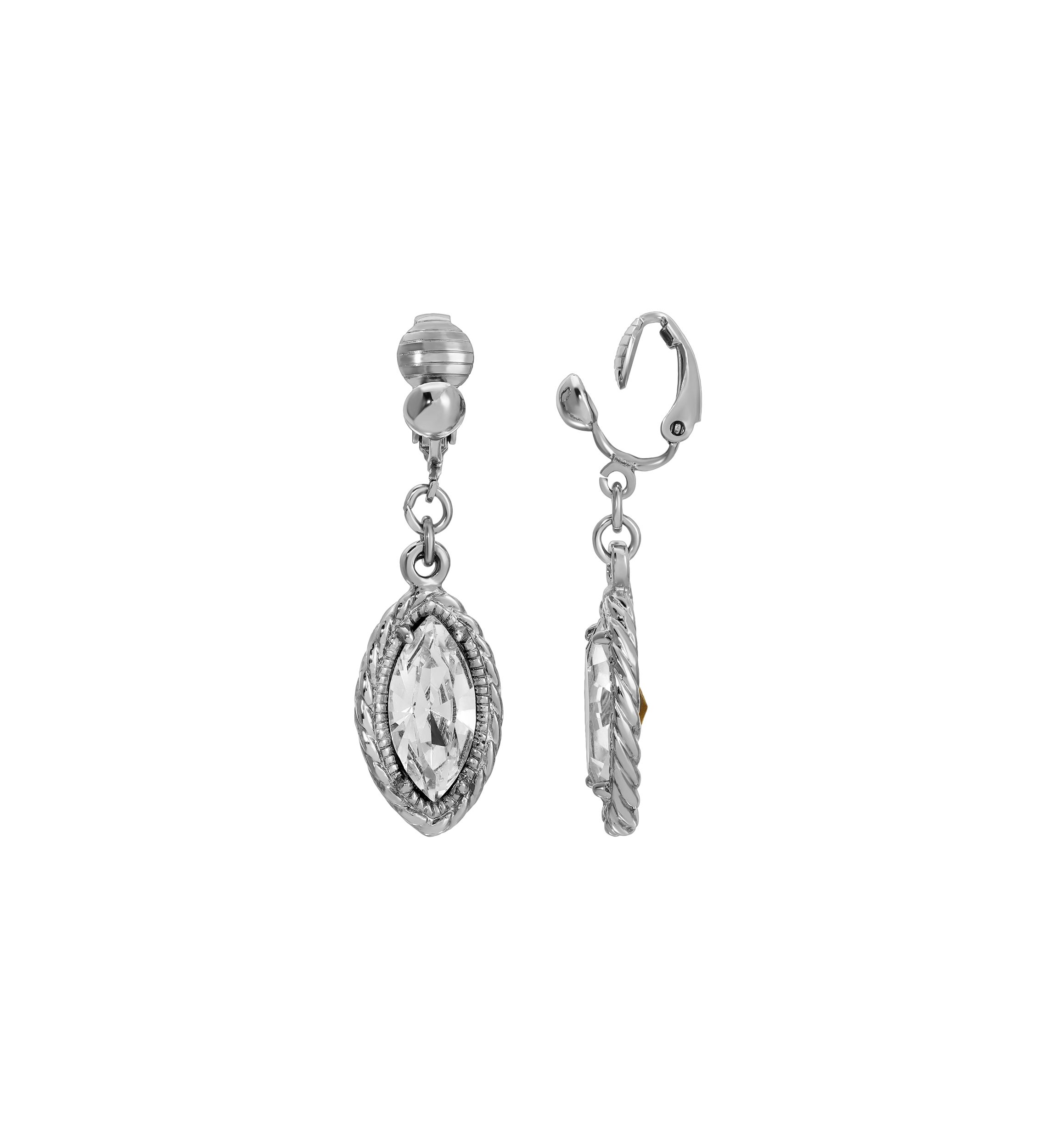 Silver-Tone Crystal Navette Clip Earring