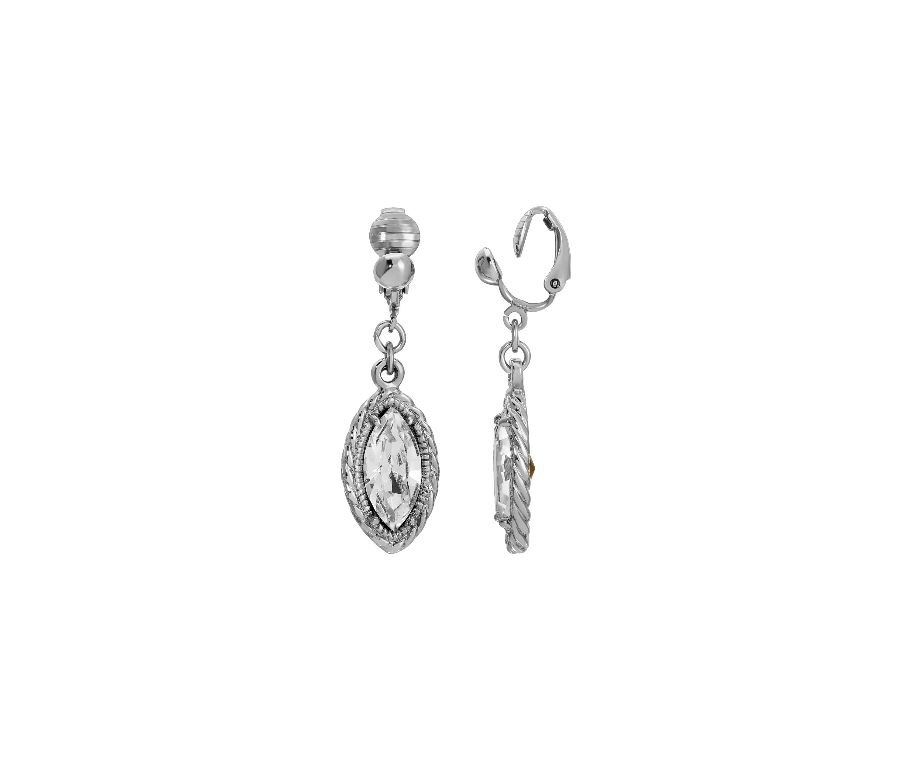 Silver-Tone Crystal Navette Clip Earring