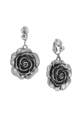 Silver Tone Flower Drop Clip Earrings