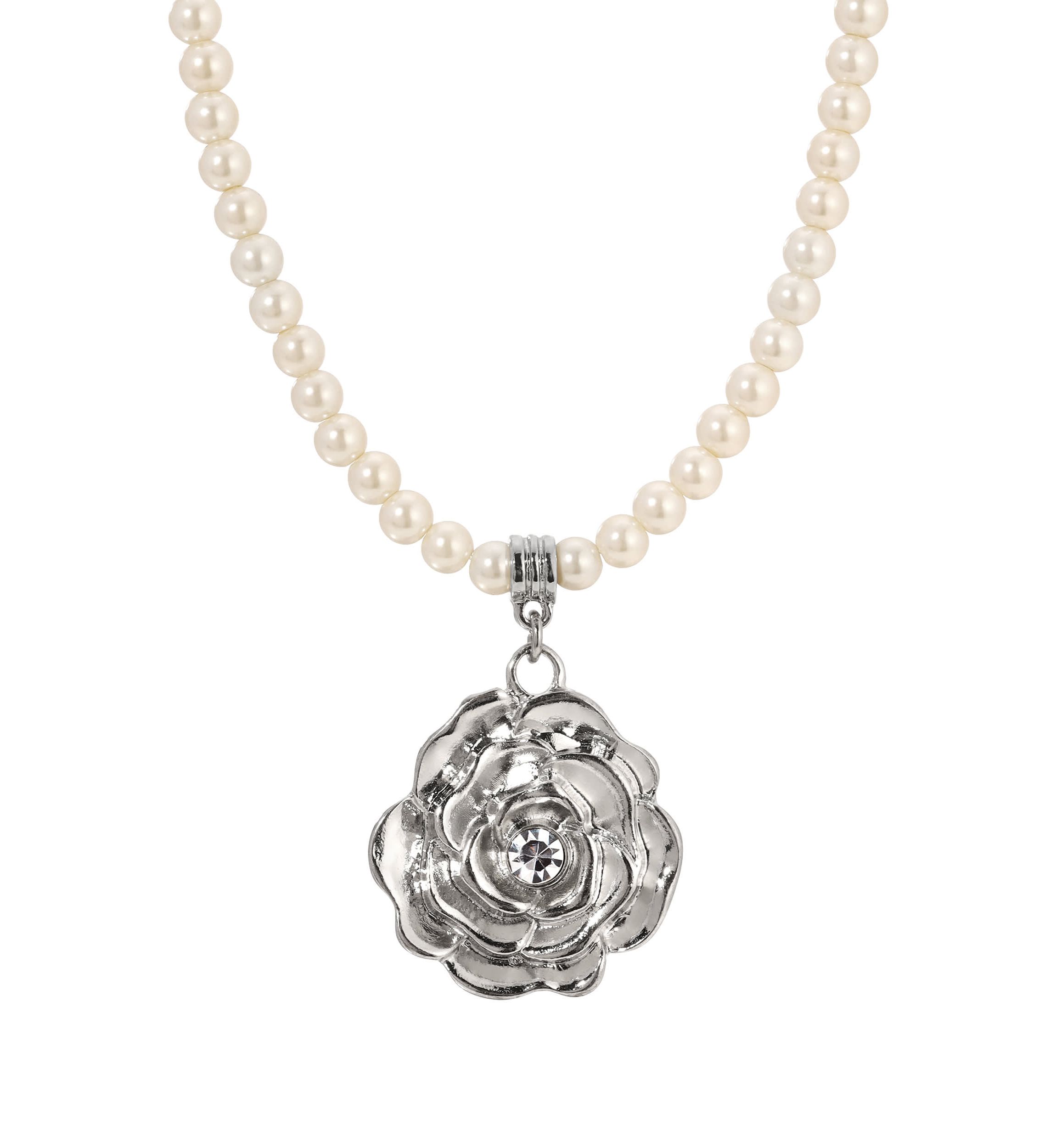 Silver Tone Flower On Faux Pearl Chain Necklace