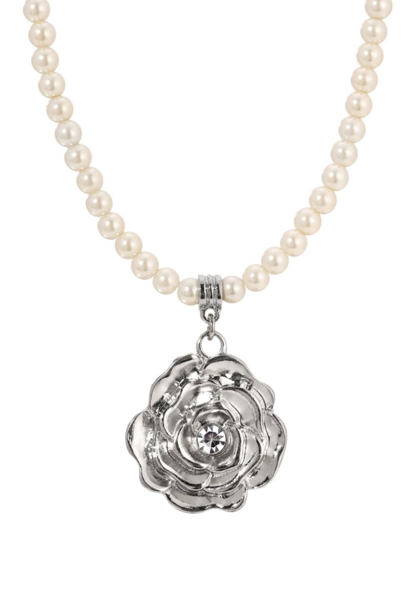 Silver Tone Flower On Faux Pearl Chain Necklace