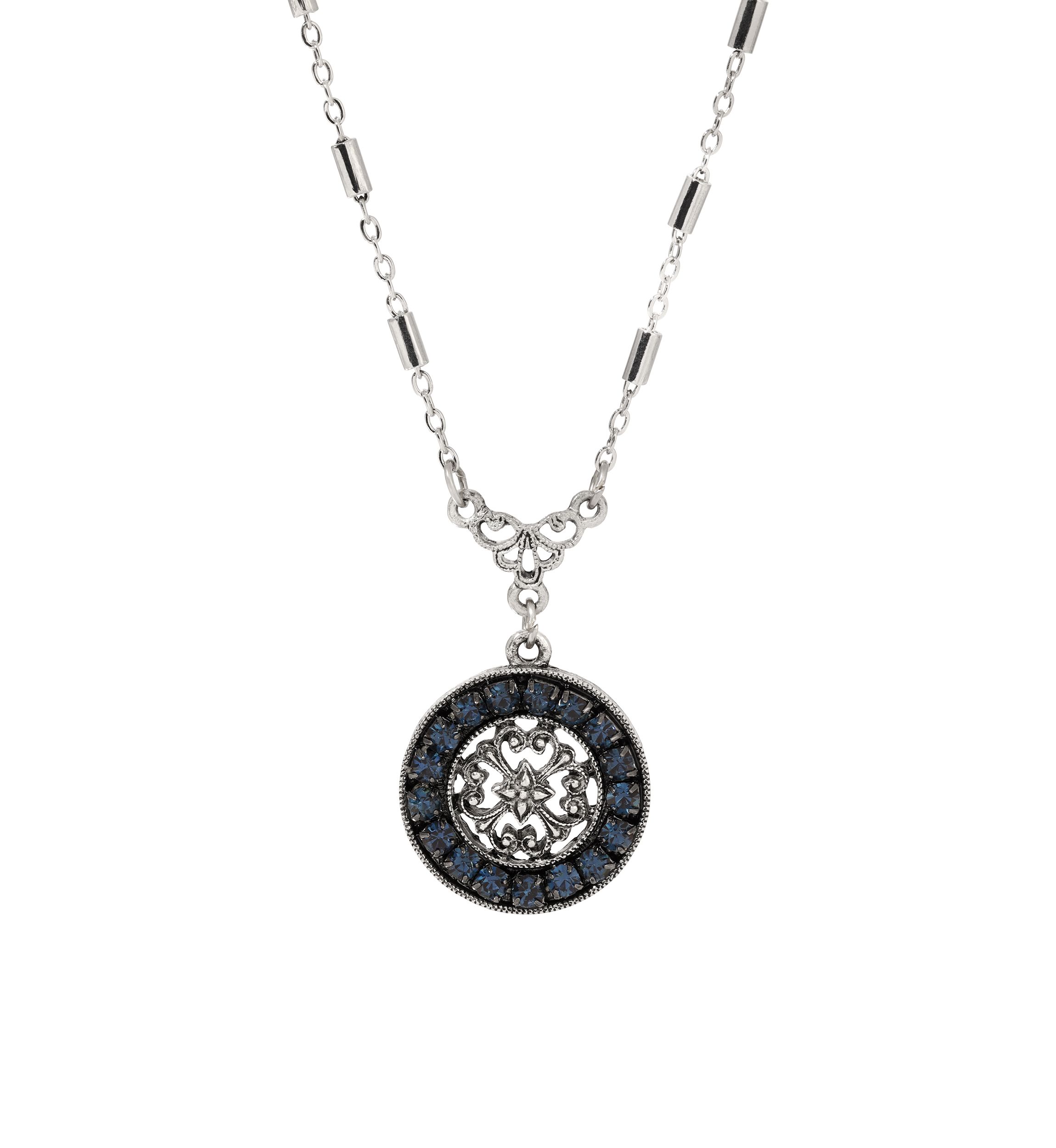 Pewter Blue Crystal Necklace 16" Adj.