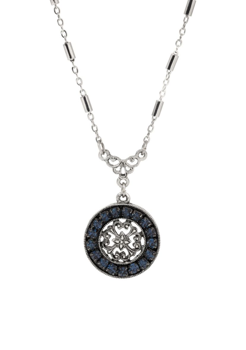 Pewter Blue Crystal Necklace 16" Adj.