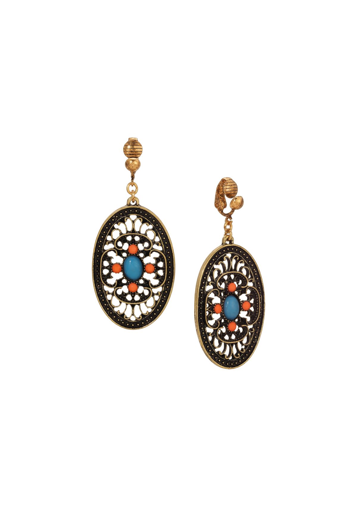 Brass Turq and Coral Oval Clip Earrings