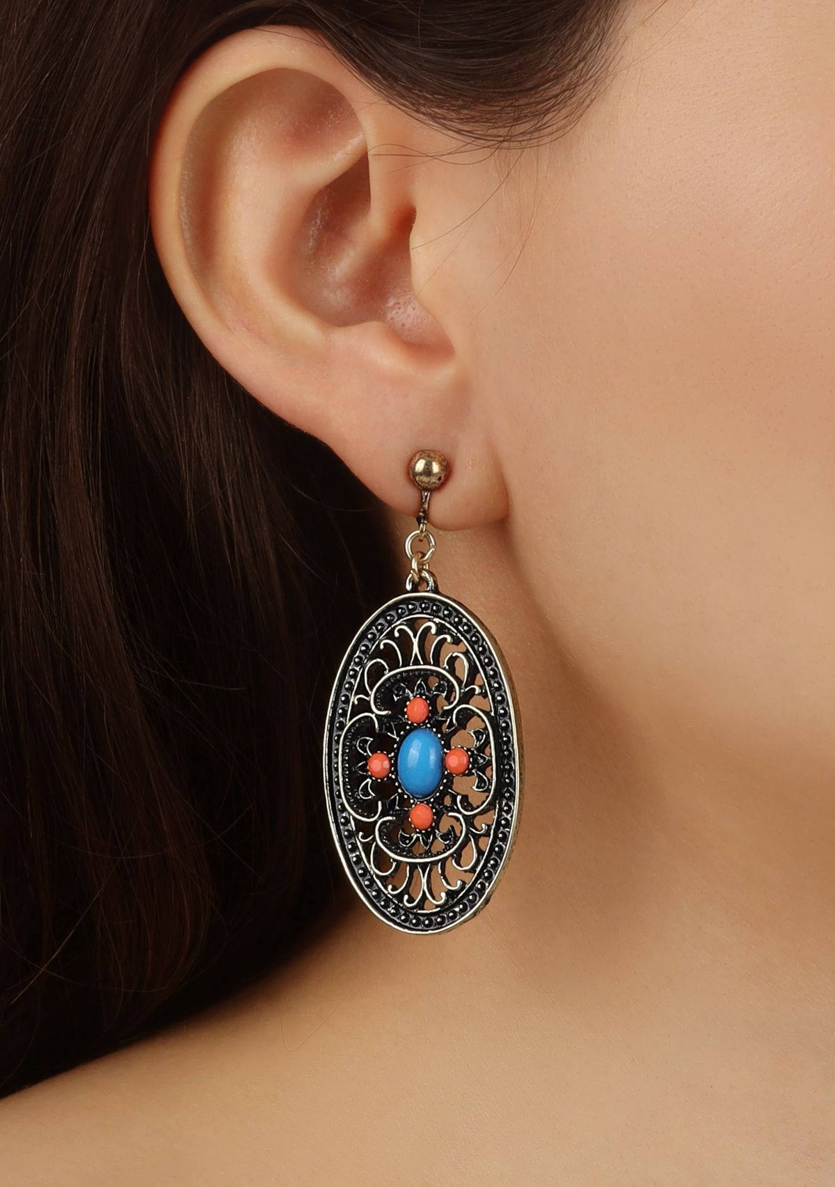 Brass Turq and Coral Oval Clip Earrings