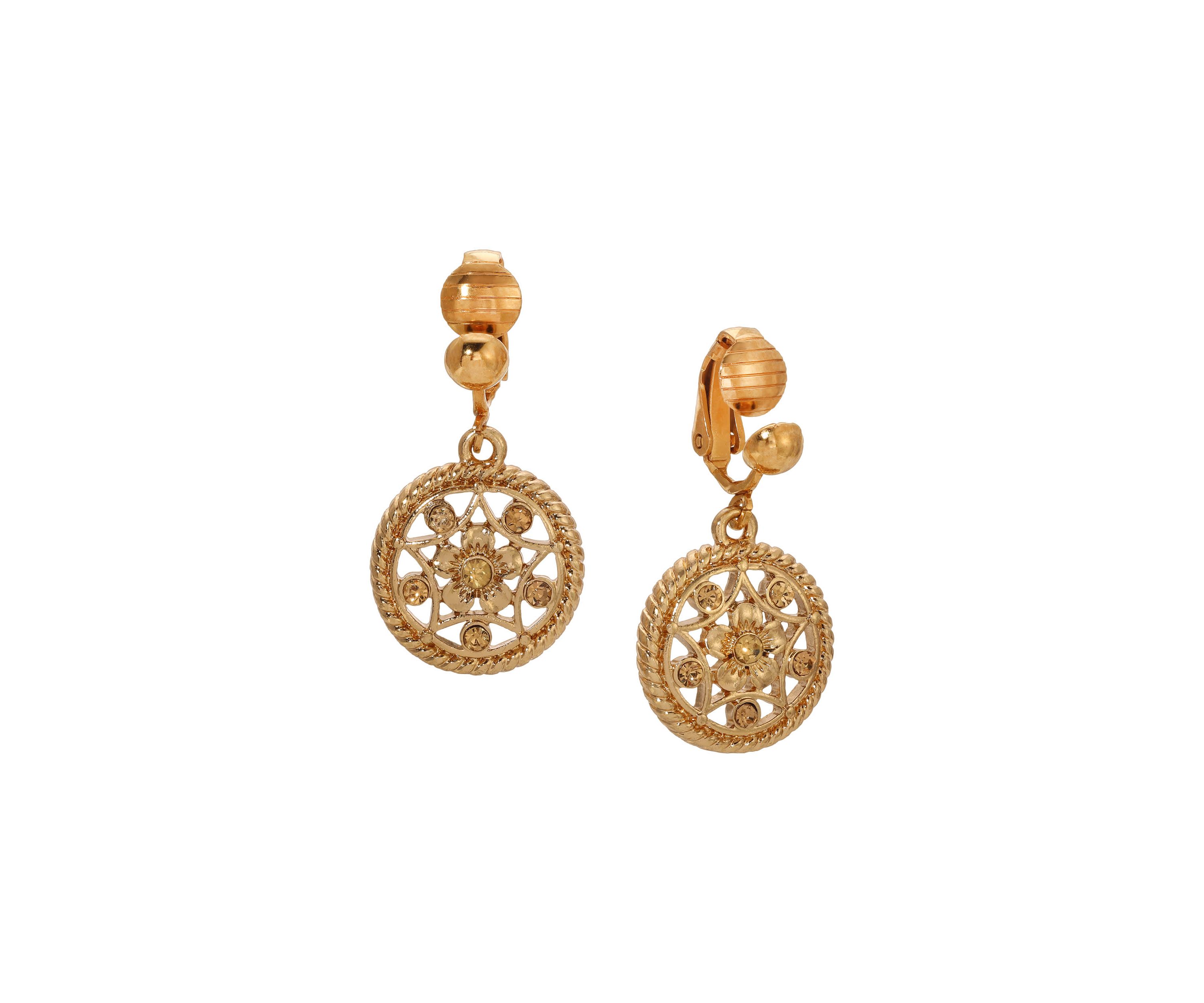Gold Tone Crystal Round Clip Earrings